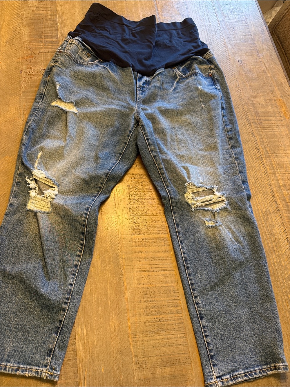 Old Navy Blue Distressed Maternity Straight Leg Jeans with Navy Panel